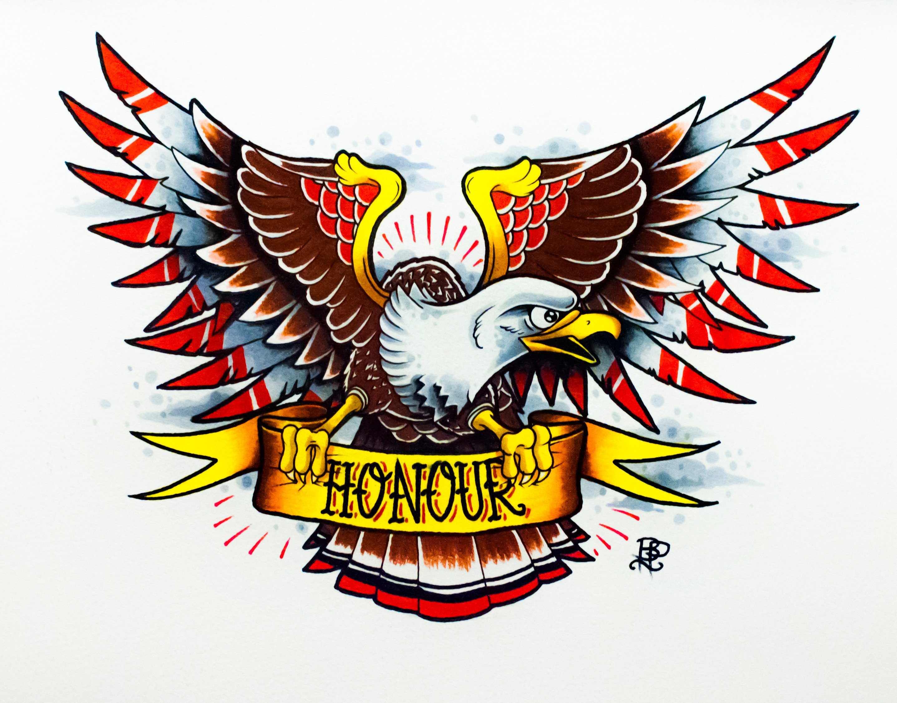 Funny animated colorful eagle and quoted stripe tattoo design