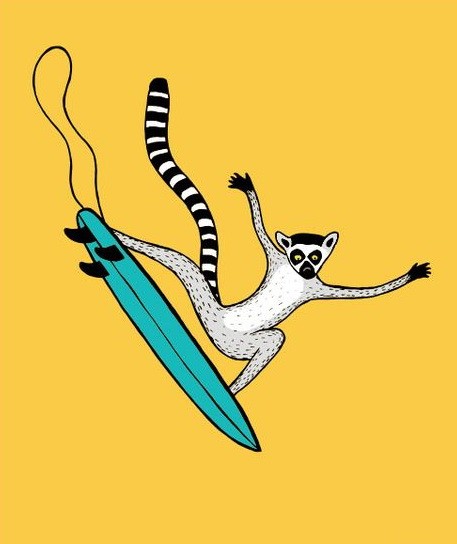 Funny black-and-white lemur riding a turquoise surfing board tattoo design