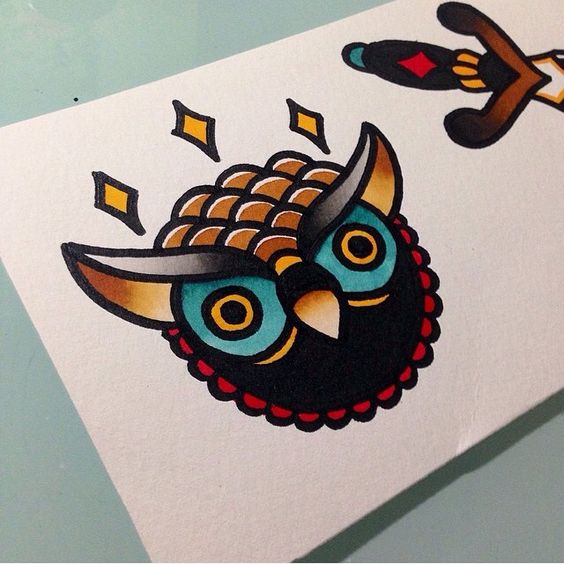 Funny brown old school owl with huge turquoise eyes tattoo design