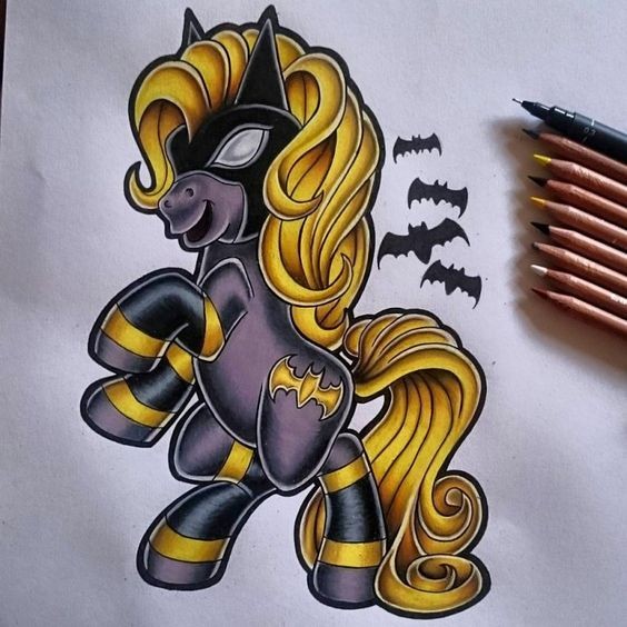 Funny cartoon bat-sign horse with yellow mane tattoo design