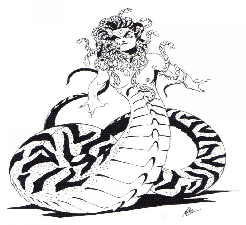 Funny cartoon black-and-white medusa gorgona tattoo design
