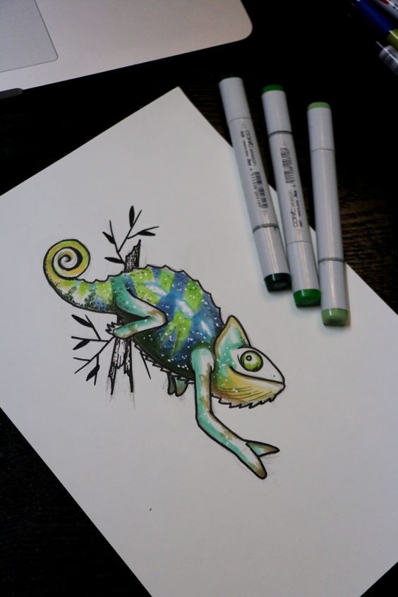 Funny cartoon colorful chameleon tattoo design