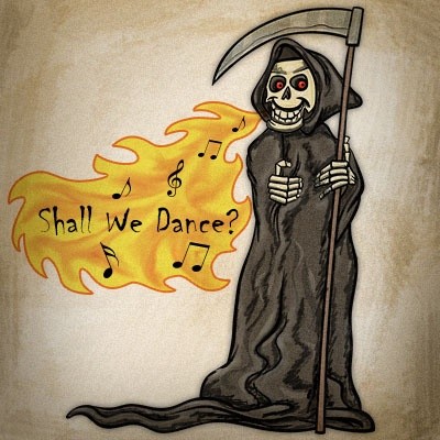 Funny cartoon death with a fire offer tattoo design