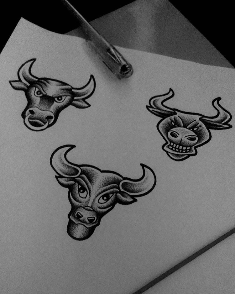 Funny cartoon grey-ink bull head tattoo designs