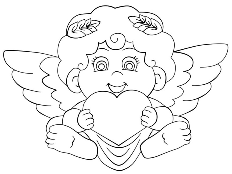 Funny cartoon outline angel keeping a heart tattoo design