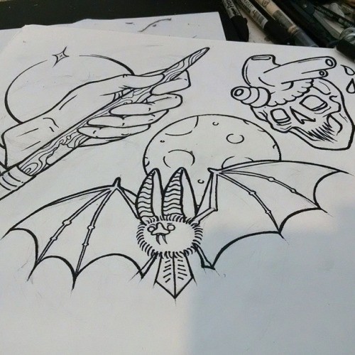 Funny cartoon outline bat on full moon background tattoo design