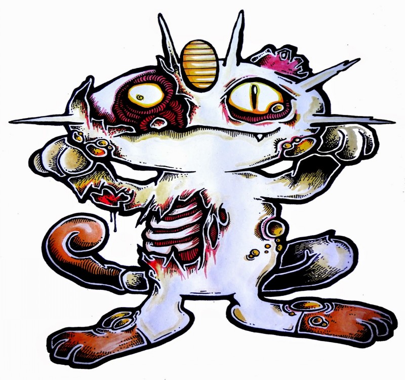 Funny cartoon zombie pokemon cat tattoo design