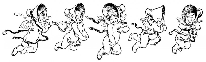 Funny cherub angel in womans hat in different poses tattoo design