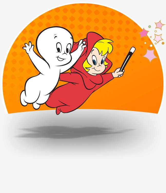 Funny colorful casper the ghost and young witch with a wand tattoo design
