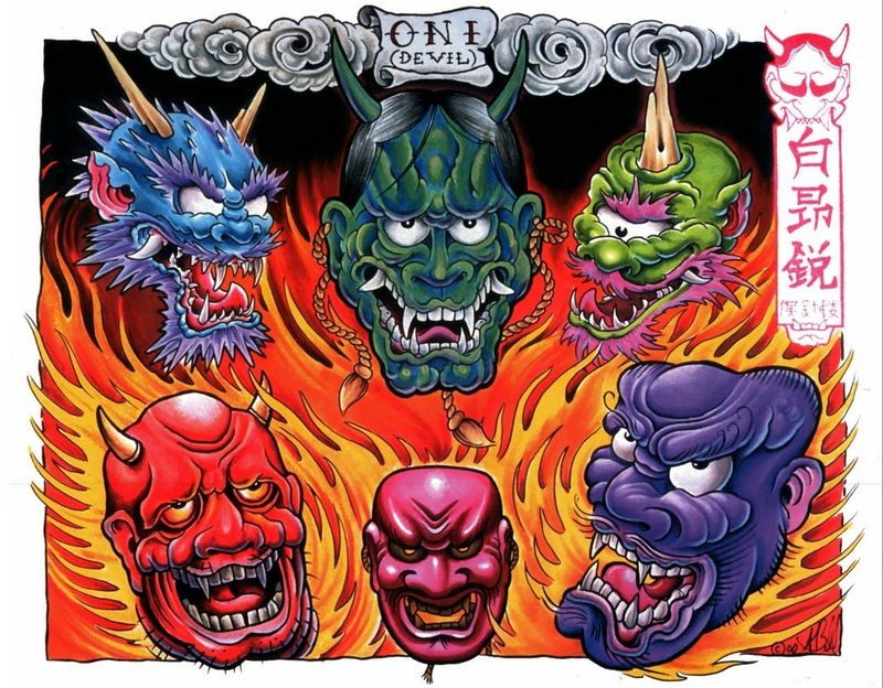 Funny colorful demon faces tattoo designs