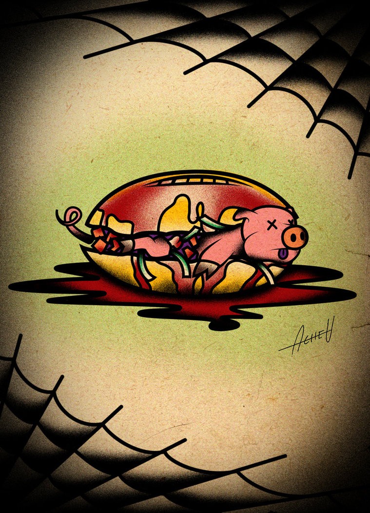 Funny colorful pig sandwich tattoo design by Acheu