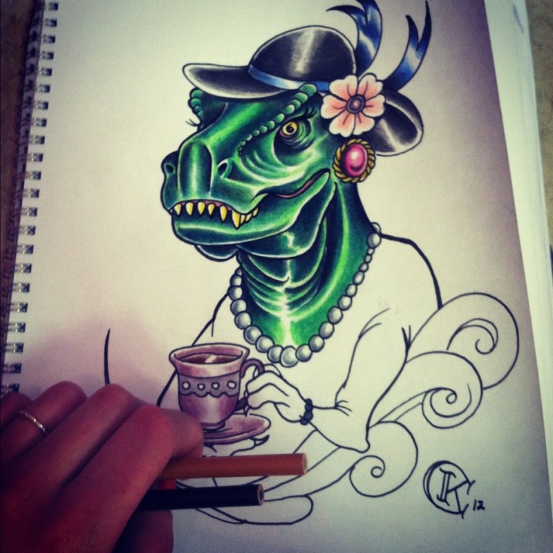 Funny dinosaur lady in hat drinking tea tattoo design