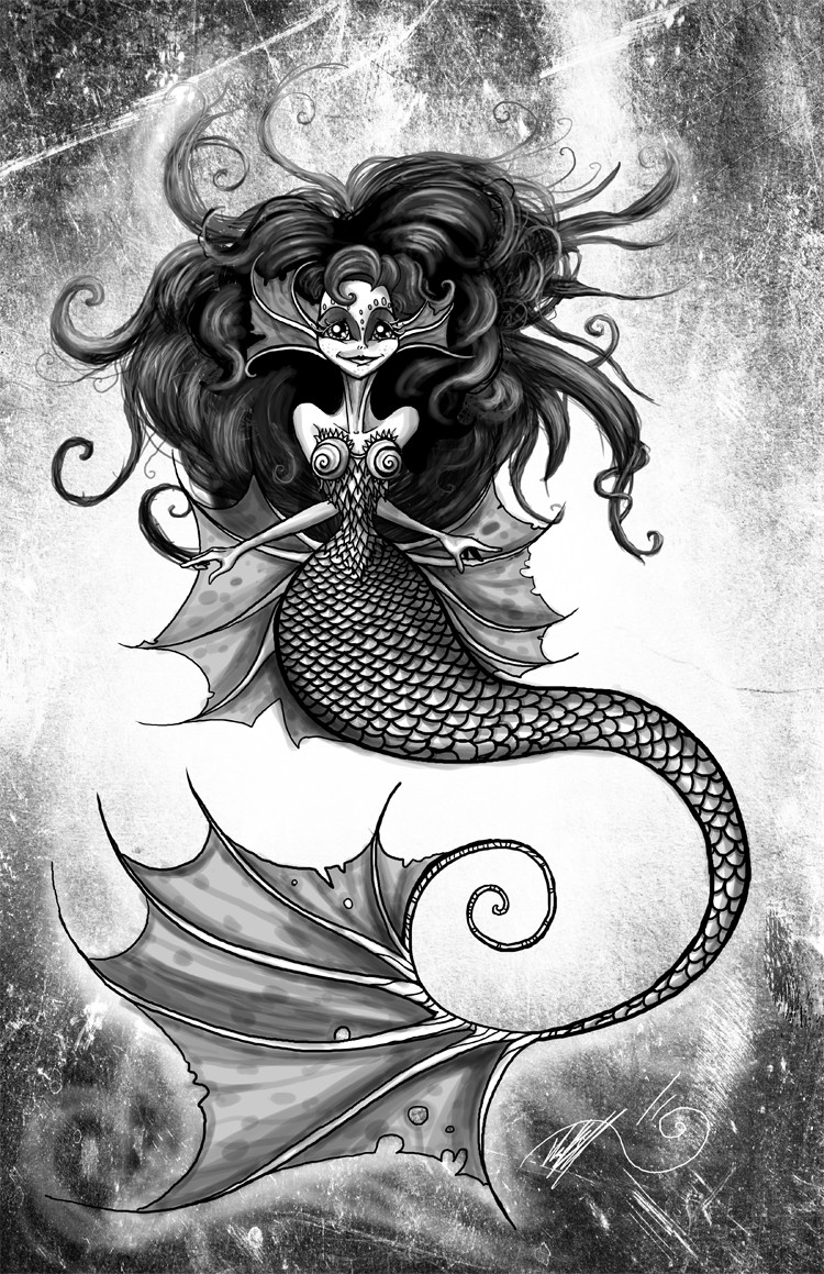 Funny grey-and-black sitting mermaid with unusual flippers tattoo design by White Bunny