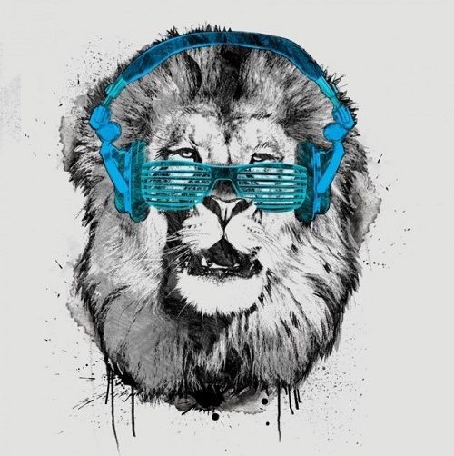 Funny grey-ink animal in bright blue earphones and glasses tattoo design