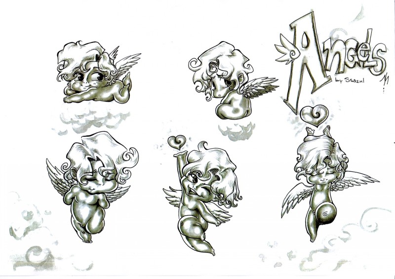 Funny grey-ink chubby cherub angels tattoo design