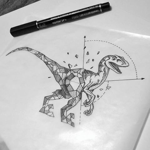 Funny grey-ink half-geometric dinosaur tattoo design