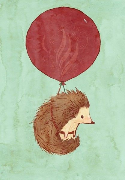 Funny hedgehog flying by red printed balloon tattoo design