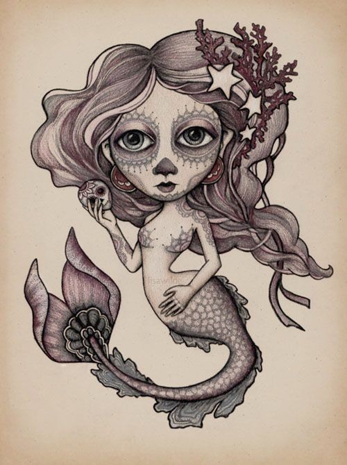 Funny little grey-ink muerte mermaid tattoo design