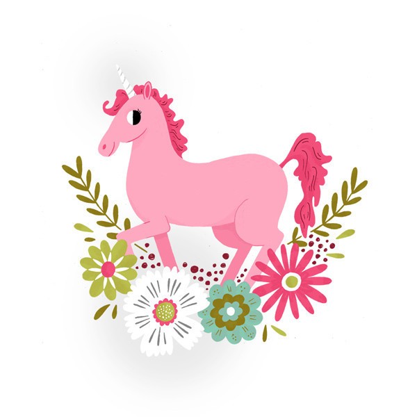 Funny pink unicorn standing on nice flowers tattoo design