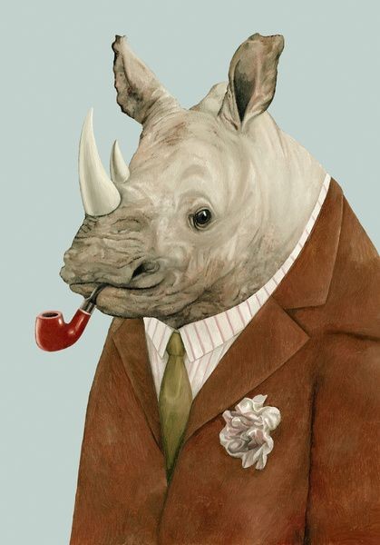 Funny pleased rhino with pipe in brown suit tattoo design