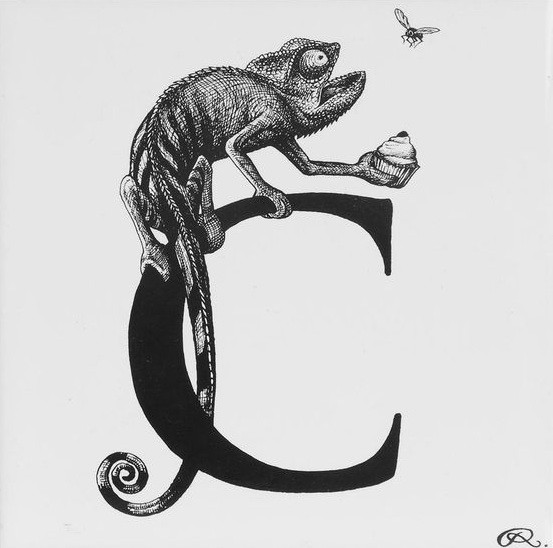 Funny reptile sitting on C letted and feeding a fly with cake tattoo design