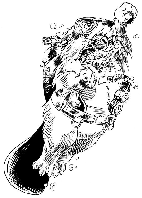 Funny uncolored armoured rodent superhero tattoo design by Jeh Artist