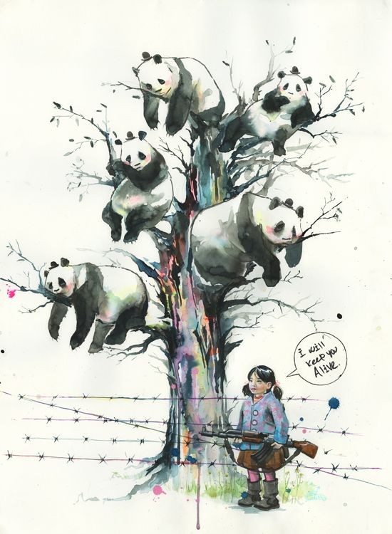 Funny watercolor panda tree tattoo design
