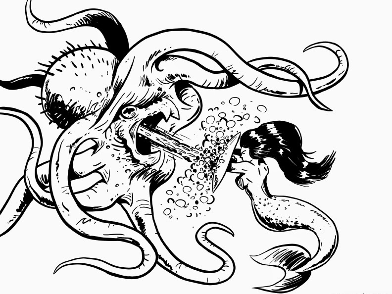 Furious black-and-white octopus fighting with mermaid tattoo design