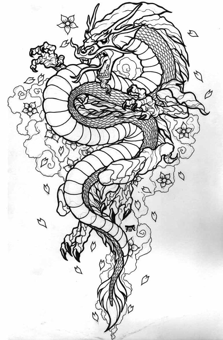 Furious black-and-white oriantal dragon on cherry blossom smoke background tattoo design