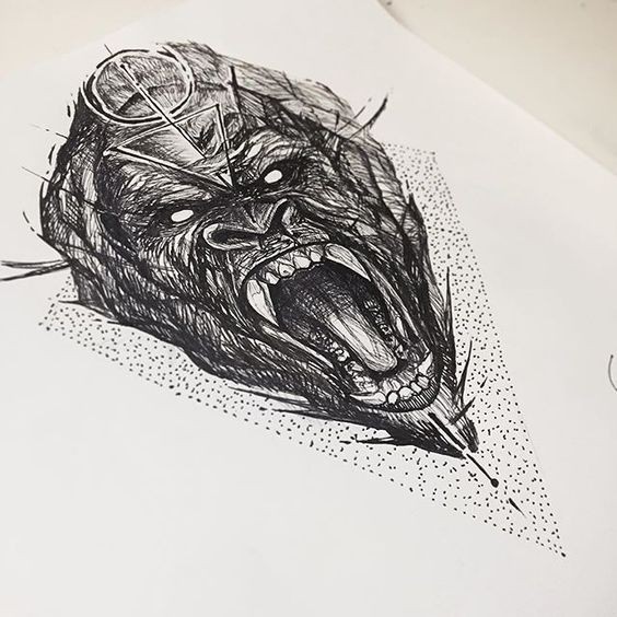 Furious black-and-white screaming gorilla with dotwork elements tattoo design