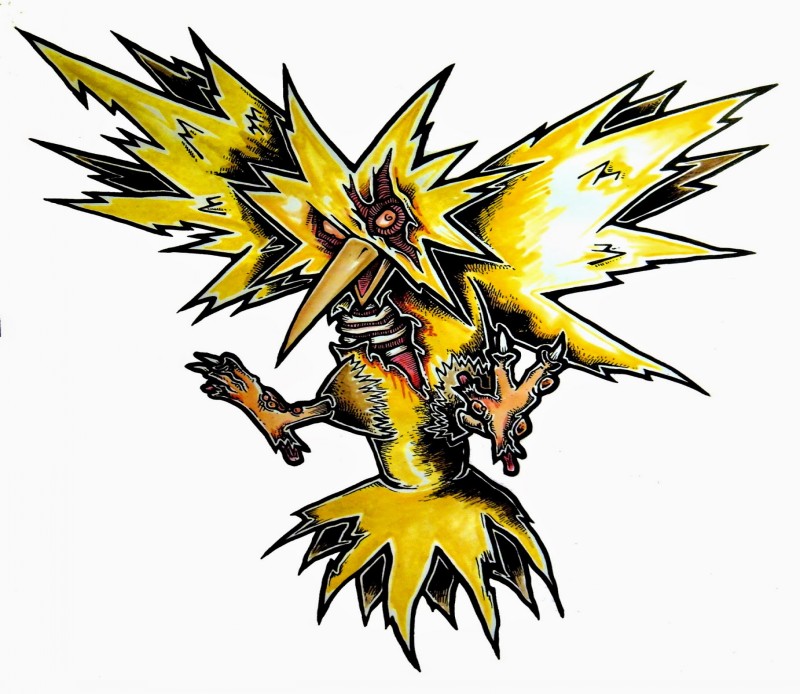 Design de tatuagem de pássaro de zumbi de penas espinhosas amarelo brilhante furioso