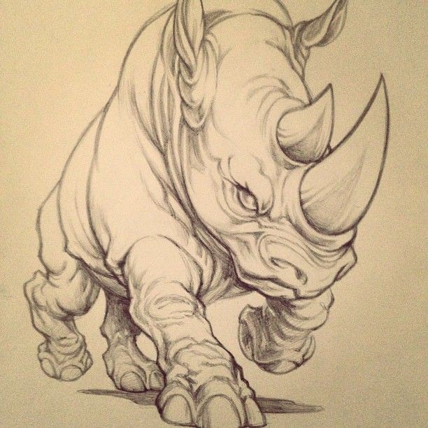 Furious cartoon grey-ink running rhino tattoo design