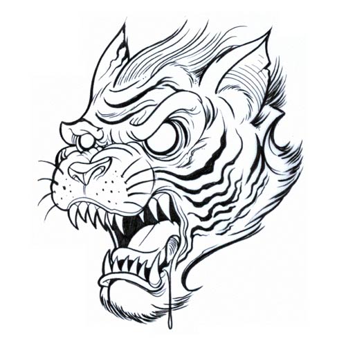 Furious cartoon outline tiger head tattoo design