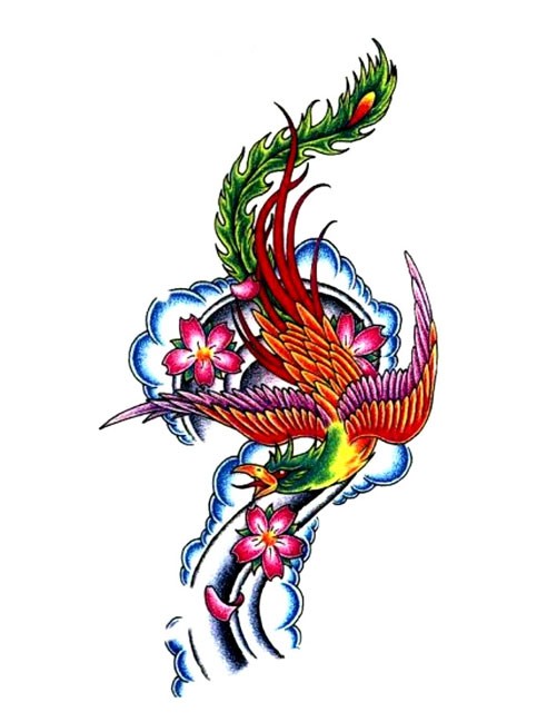 Furious colorful crying phoenix with cherry blossom and blue clouds tattoo design