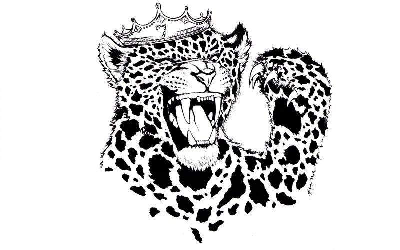 Furious crowned roaring leopard tattoo design