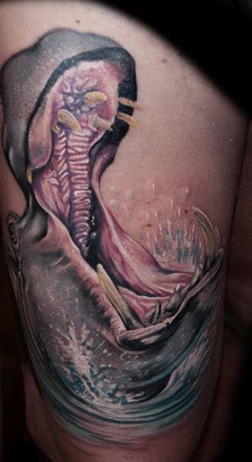 Furious crying colorful hippo tattoo on thigh