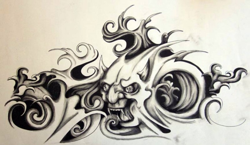 Furious demon among wave vortex tattoo design by Itldesign