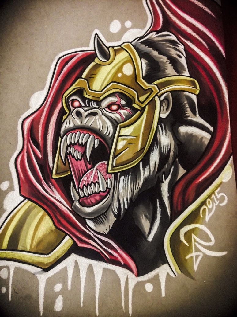 Furious gorilla warrior in golden helmet tattoo design by Rgalvan