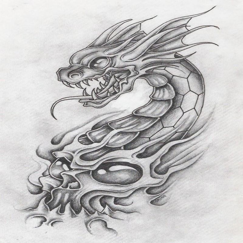Furious grey-ink dragon portrait tattoo design
