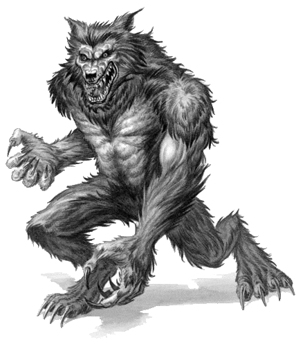 Furious grey-ink fluffy hunting werewolf tattoo design