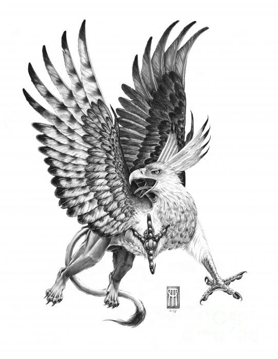 Furious grey-ink griffin with a lifted leg tattoo design