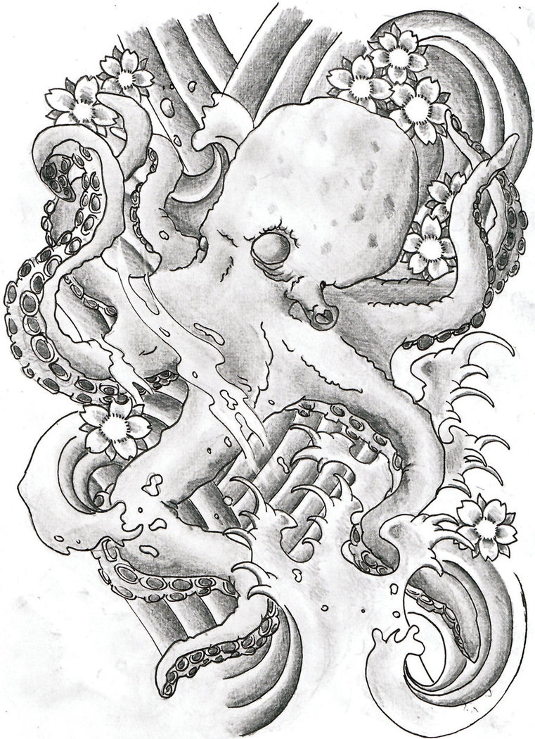 Furious grey chinese-stely octopus tattoo design