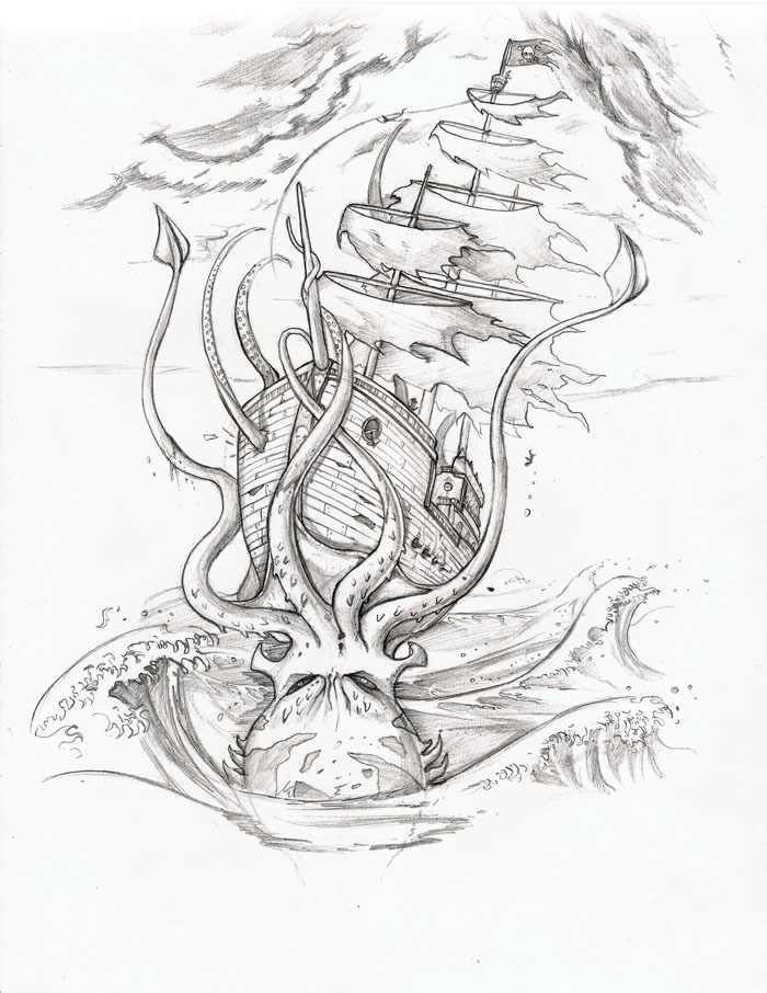 Furious grey octopus crashing a pirate ship tattoo design by Arm01