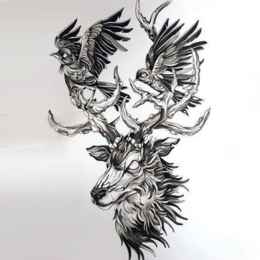 Furious mad-eyed deer with bird warriors on horns tattoo design