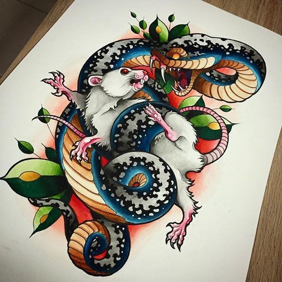 Furious multicolor snake keeping a white fat rat tattoo design