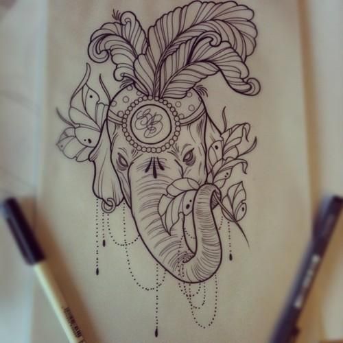 Furious new school circus elephant with decorations tattoo design