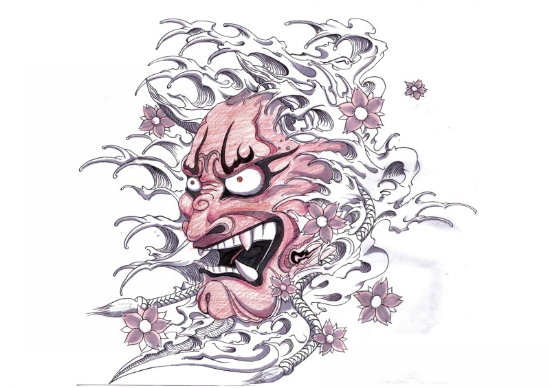 Diabo japonês de pele vermelha furiosa com ondas e desenho de tatuagem de flor de cerejeira