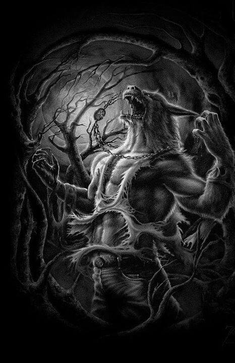 Furious screaming werewolf in dark forest tattoo design