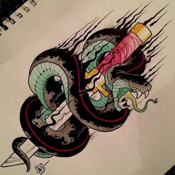 Furious snake curled around pink-handle sword tattoo design