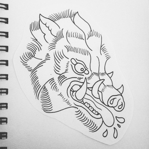 Furious uncolored old school pig head tattoo design